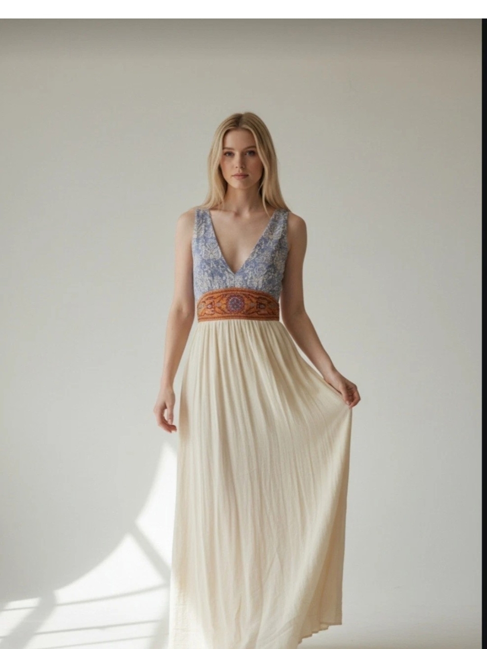 Flying Tomato  V-Neck Cream Maxi Dress with Embroidered Waist Cottonblend SP